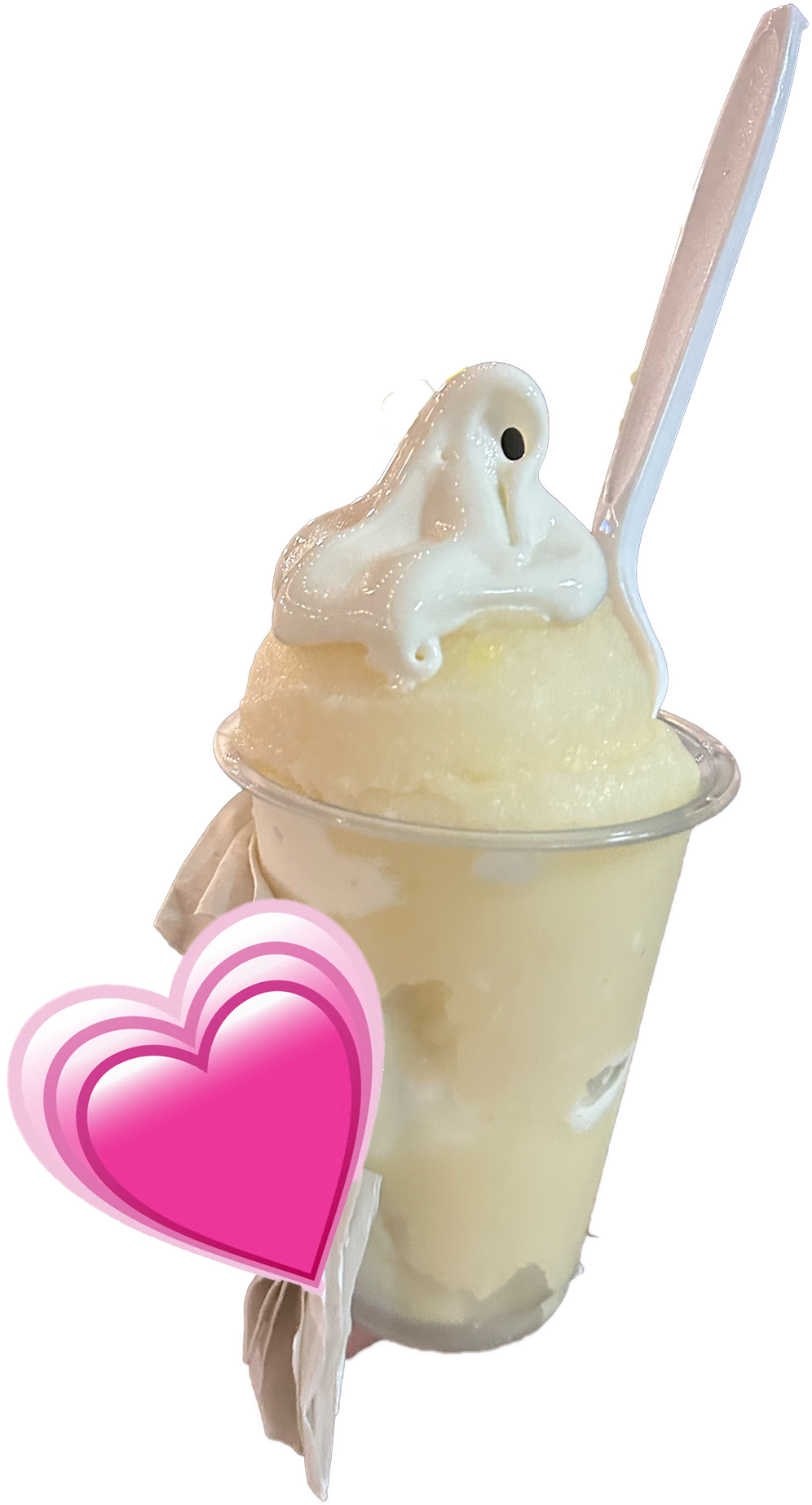 a photo of a pina colada gelati with a pink heart emoji