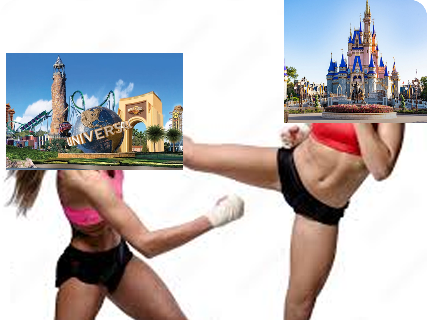 disney world and universal studios photoshopped onto two girls kick boxing