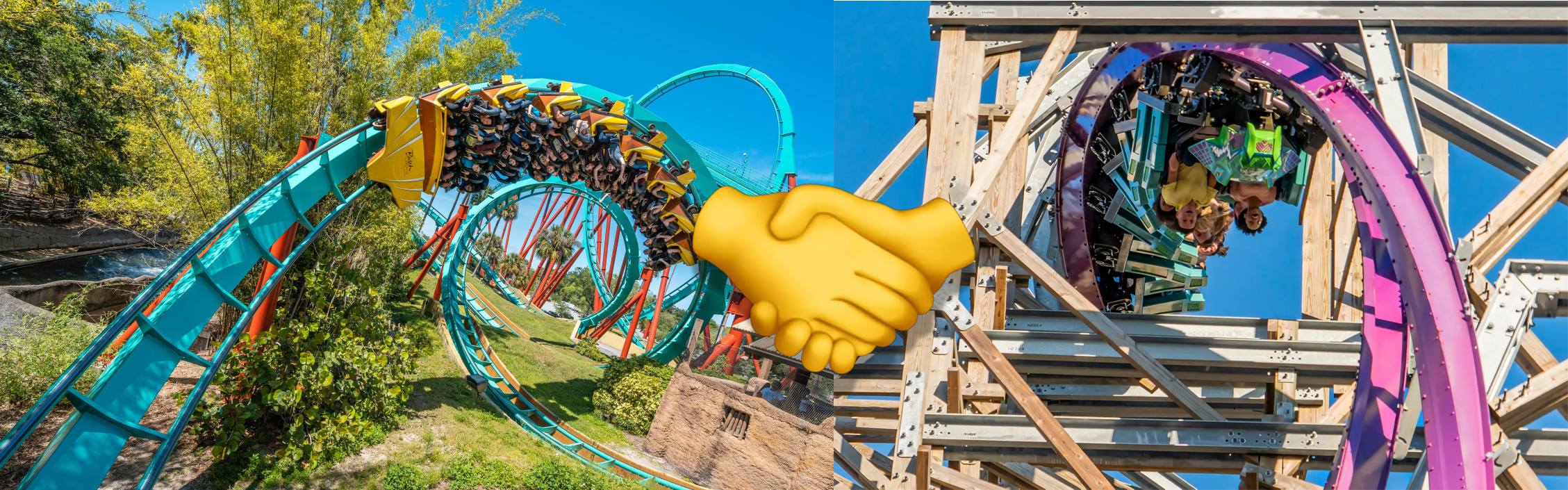 photo of two rollercoaster at buschgardens florida with a handshake moji in the middle