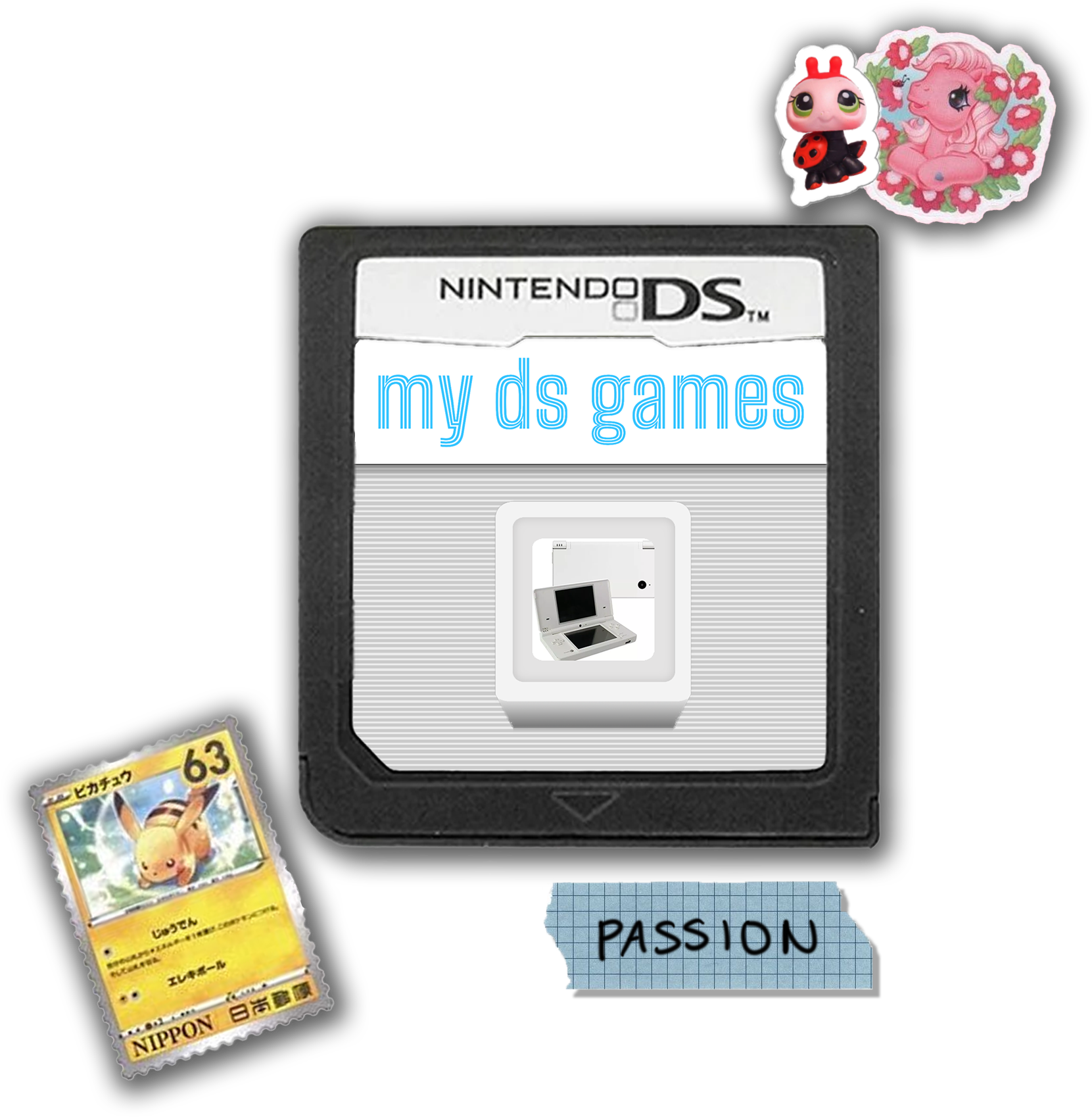 cover photo for passion website about ds games, an image of a ds game cartrige with stickers around it