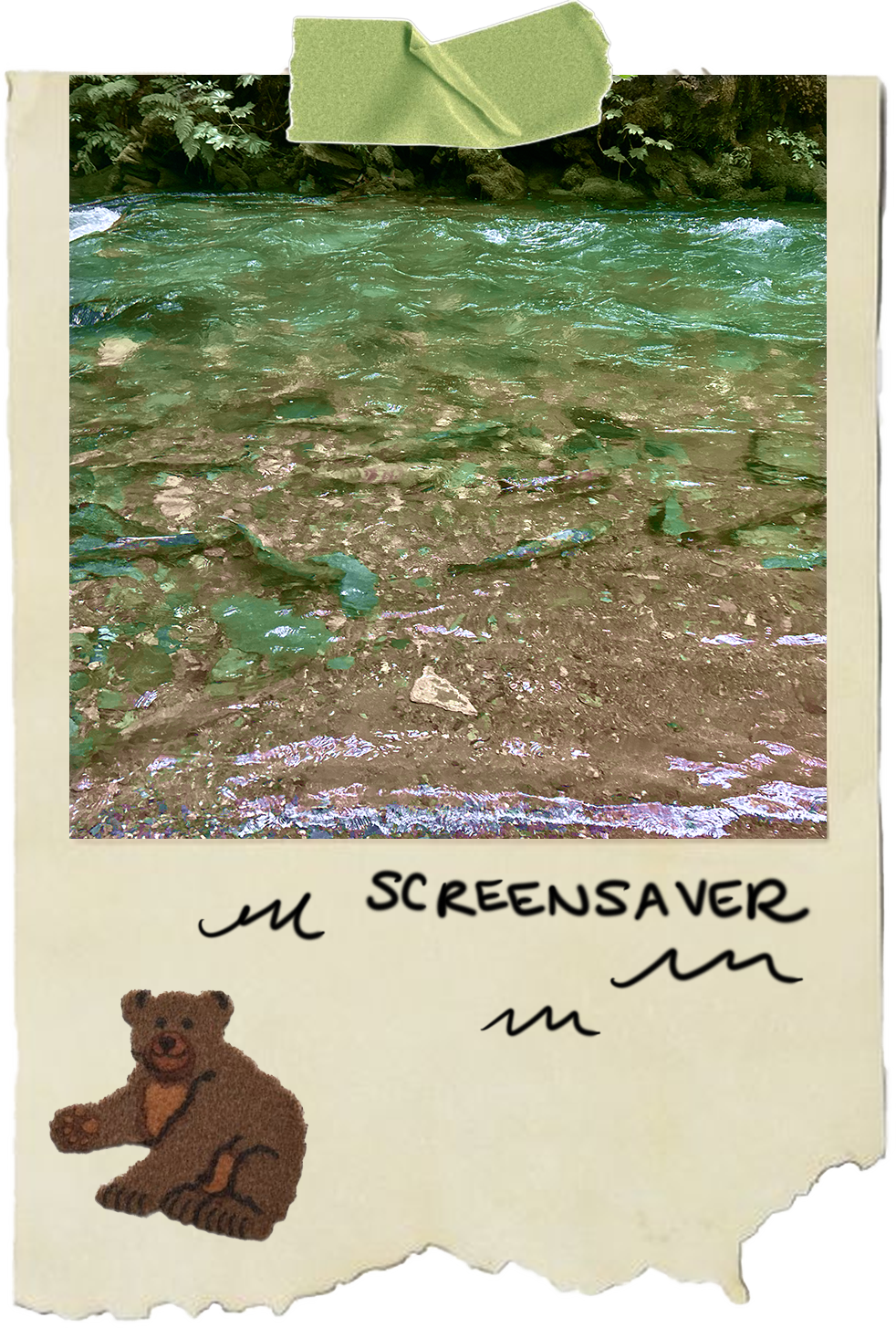 cover photo for screensaver website, a photo taped to a piece of paper or salmon in a river
