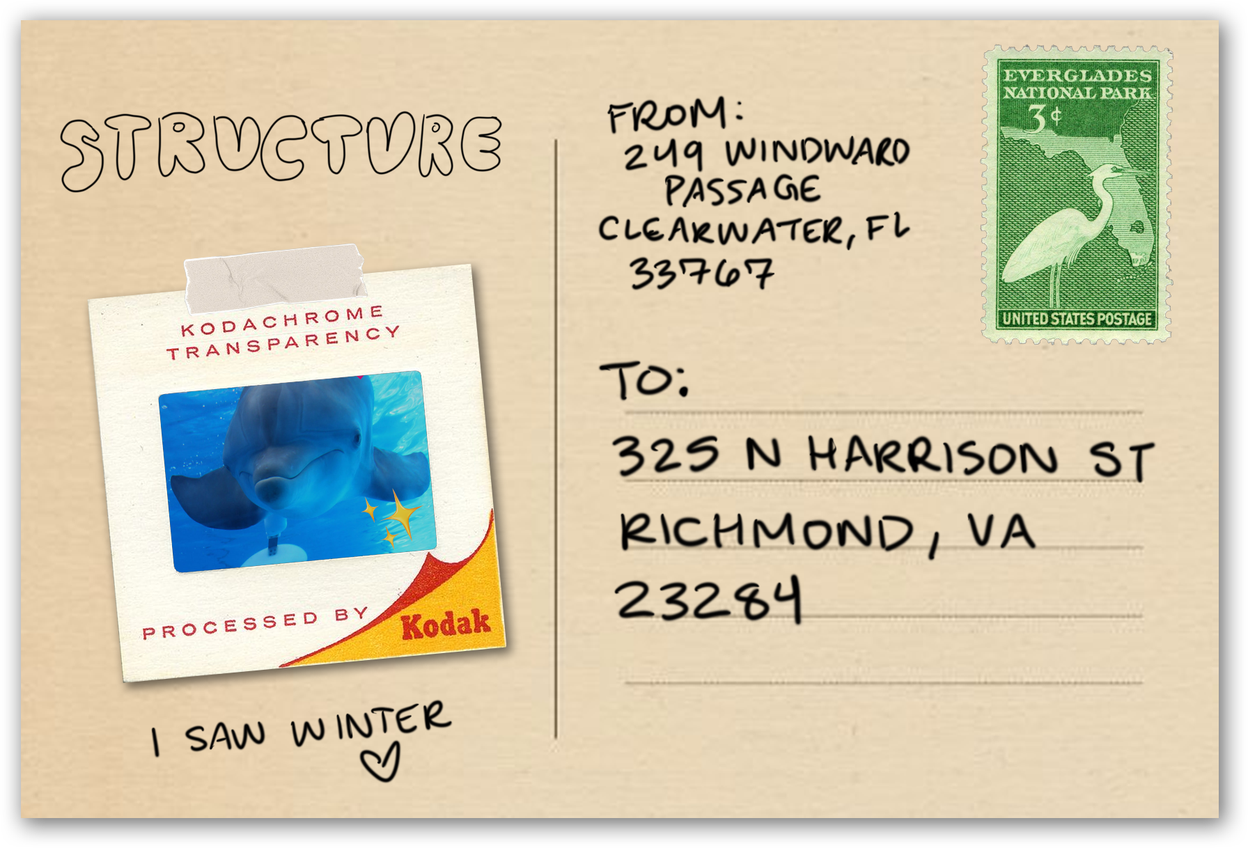 cover photo for structure website, a fake postcard from florida